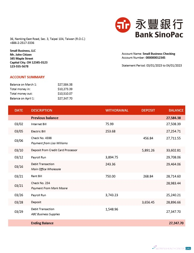Download Bank Sinopac enterprise account statement Word and PDF template Photoshop template